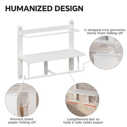Homeiju Double Toilet Paper Holder with Shelf, Wooden Wall-Mounted Toilet Paper Roll Holder, Wall-Mounted Bathroom Organizer, Double Roll, Suitable for Bathrooms(White)