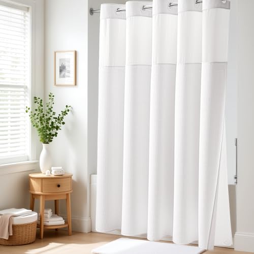 White Hook Free Waffle Shower Curtain & Snap-in Fabric Liner,54x75 | Less Time to install, 3 in 1 Fabric Shower Curtain and Liner Set with Magnets, Stall, Shower Curtains for Bathroom - color: A White, size: 54"W x 75"L (Pack of 1)