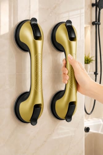 Gel-Enhanced Suction Grab Bars for Seniors and Elderly, 2 Pack Heavy Duty Stable Grip Safety Bars for Bathtubs and Showers, No Drill Removable Bathroom Handles for Tub and Shower Support - color: Gold & Black