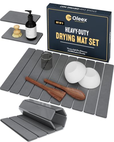 Oleex 3-Pack Stone Dish Drying Mat Set Includes 1 Large 24”x16” & 2 Small 4”x9” for Kitchen Counter-Collapsible Diatomaceous Earth Pad Absorbs Water & Dries Dishes Fast, Non-slip, Odor-Resistant Mats - color: Dark Gray