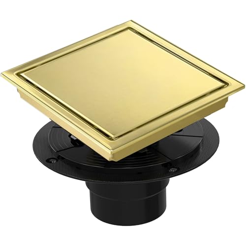 6 Inch Square Shower Floor Drain, Shower Drain Kit with Flange and 2 in 1 Tile-Insert Cover, Square Shower Drain, SUS 304 Stainless Steel Floor Drain,Brushed Gold - color: Brushed Gold, size: 6 Inch