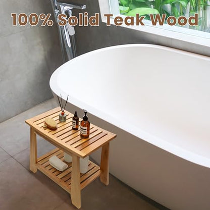 Teak Shower Bench Stool, 21'' Waterproof Wood Spa Bath Bench with Storage Shelf, Non-Slip Solid Teak Shower Seat Chair for Bathroom Inside Shower and Outdoor Use - size: 21''W x 13''D x 17''H