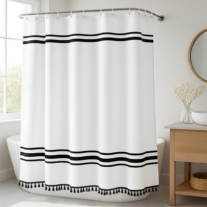 Black and White Shower Curtain Farmhouse Striped Shower Curtain 72 X 72 | Water-resistant fabric, textured fringe detail, modern boho styling, decorative bathroom update for tubs and showers - size: 72"W x 72"L (Pack of 1)