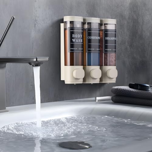 Shampoo and Conditioner Dispenser,Shower Dispenser 3 Chamber No Drilled Shampoo Dispenser for Shower Wall Mounted Body Wash for Bathroom Kitchen Hotel Large Capacity,Light Gray - color: Light Gray