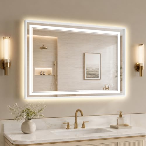 30"x40" LED Bathroom Mirror with Lights, Backlit + Front Lit, Anti-Fog, Lighted Bathroom Mirror with One-Piece Aluminum Alloy Frame, HD Shatterproof Tempered Glass, Dimmable, Memory Function - color: White, size: 40"L x 30"W