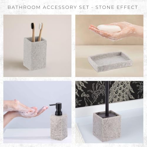 Collection Stone Effect Bath Accessory Set-4 Pieces, Resin, Gray | Soap Dispenser, Tumbler, and Toilet Brush Holder, Contemporary, Durable Construction, Bathroom Accessories Set, Easy to Clean - size: Gray
