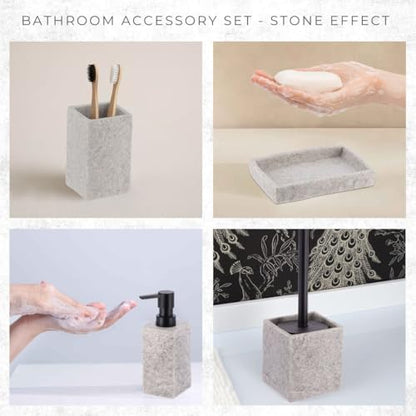 Collection Stone Effect Bath Accessory Set-4 Pieces, Resin, Gray | Soap Dispenser, Tumbler, and Toilet Brush Holder, Contemporary, Durable Construction, Bathroom Accessories Set, Easy to Clean - size: Gray