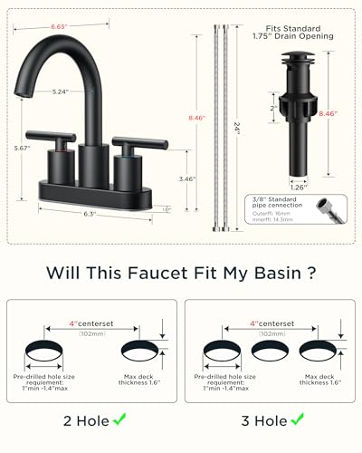 FORIOUS 4 Inch Centerset Bathroom Faucet Black 2 Hole, Matte Black Faucet | 4 Inch Black Bathroom Faucet Two Handle, Black Matte Bathroom Sink Faucet Centerset with 360° Swivel Spout, for Wholesale - color: Matte Black, style: Classic