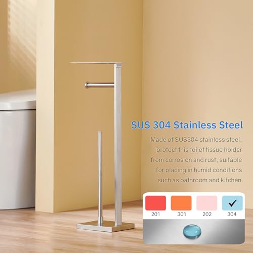 Freestanding Toilet Paper Holder for Bathroom – Brushed Stainless Steel Square Tissue Dispenser with Storage Tray & Roll Organizer - color: Brushed