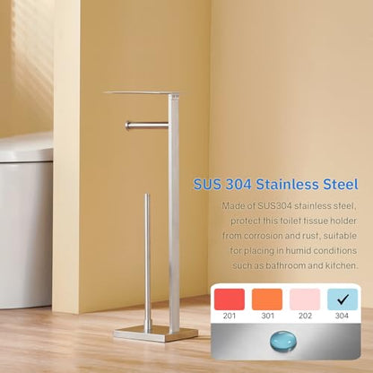 Freestanding Toilet Paper Holder for Bathroom – Brushed Stainless Steel Square Tissue Dispenser with Storage Tray & Roll Organizer - color: Brushed