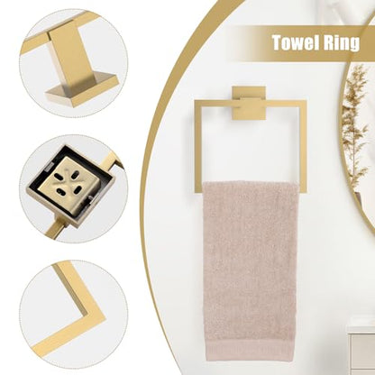 TQKAG Brushed Gold Bathroom Hardware Accessories Set 5 Pieces, Double Post Pivoting Toilet Paper Holder Set Stainless Steel Square Bathroom Towel Bar Holder Set Wall Mounted - color: Brushed Dark Gold, size: 5-Pieces Set
