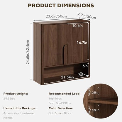 RUSTOWN Wall Mounted Bathroom Cabinets with Rounded Edges & Curved Handles | Adjustable Shelf, 3-Tier Over The Toilet Storage Cabinets, Modern Medicine Cabinet for Laundry Kitchen Living Room - color: Dark Walnut