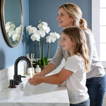 FGKQ 3-Hole 2-Handle Widespread Bathroom Sink Faucet, Matte Black | Stainless steel, pop-up drain included, 360°swivel spout, for vanity sink 3-hole mount, 8-in widespread - color: 1-Black