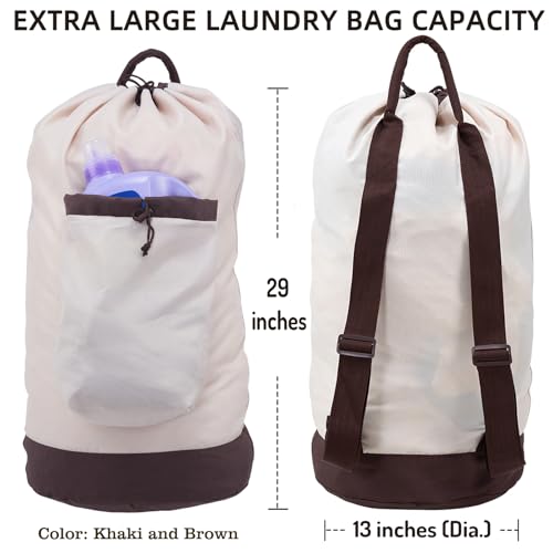 Seiritex Laundry Bag Backpack with Shoulder Straps and Detergent Holder Clothes, Travel Laundry Backpack Bag Hamper for College (Khaki w Brown) - color: Khaki w Brown