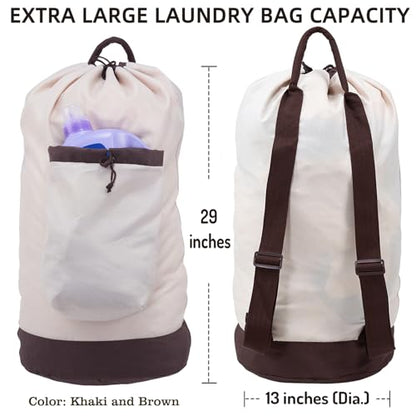 Seiritex Laundry Bag Backpack with Shoulder Straps and Detergent Holder Clothes, Travel Laundry Backpack Bag Hamper for College (Khaki w Brown) - color: Khaki w Brown