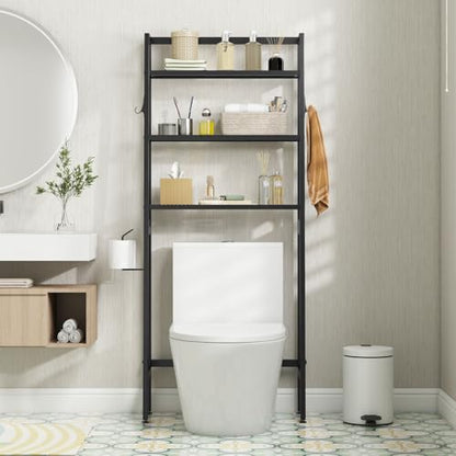 GIANTEX Over The Toilet Storage, 3-Tier Freestanding Bathroom Space Saver with 2 Hooks, Toilet Paper Holder & Adjustable Bottom Bar, Metal Over Toilet Bathroom Organizer for Restroom, Laundry (Black) - color: Black