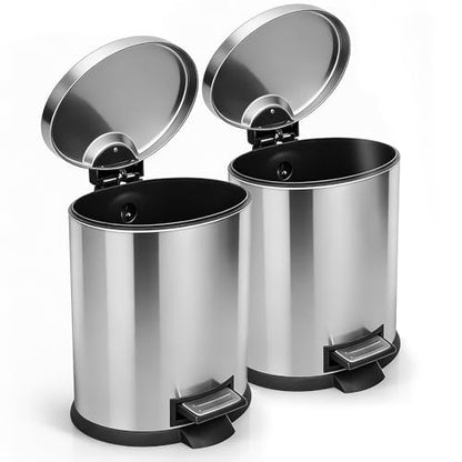 SIMPLYKLEEN Bathroom Trash Can with Lid - 2PC 1.3 Gallon/5L Oval Small Trash Can with Soft-Close Lid, Foot Pedal, Brushed Stainless Steel, Removable Liner, Garbage can for Kitchen, Office, Home Silver - color: Silver, size: 5L Oval 2PC