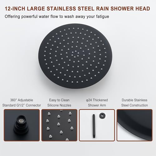 MONDAWE 12 Inch Ceiling Mounted Black Shower System, Dual Rainfall Shower Head & High Pressure Handheld Spray Combo, 3-Function Luxury Shower Faucet Set for Bathroom, All Functions Work Simultaneously - color: Matte Black