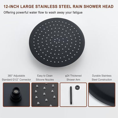MONDAWE 12 Inch Ceiling Mounted Black Shower System, Dual Rainfall Shower Head & High Pressure Handheld Spray Combo, 3-Function Luxury Shower Faucet Set for Bathroom, All Functions Work Simultaneously - color: Matte Black