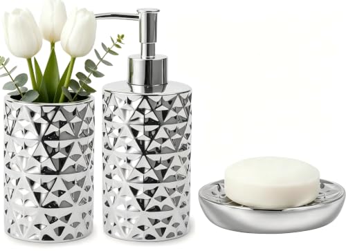 Silver Bathroom Accessories Set 3 PCS, Dispenser, Soap Dish and Vase | Diamond Ceramic Bathroom Accessory Complete Set - Lotion Dispenser, Soap Dish,Vase for Countertop Vanity - color: Silver