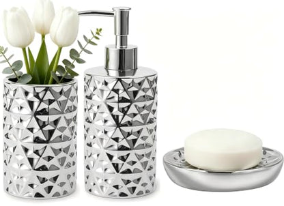 Silver Bathroom Accessories Set 3 PCS, Dispenser, Soap Dish and Vase | Diamond Ceramic Bathroom Accessory Complete Set - Lotion Dispenser, Soap Dish,Vase for Countertop Vanity - color: Silver