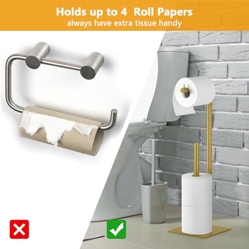 Toilet Paper Holder Stand Beige Gold Free Standing TP Holder, Metal Toilet Paper Roll Holder with Reserve Bathroom Tissue Storage Holder, Beige Gold - color: Beige Gold