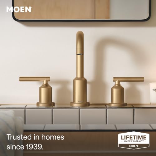 Moen Gibson Bronzed Gold Two-Handle High Arc Widespread Bathroom Sink Faucet for 3-Hole Setups with Valve Included, TV6142BZG - color: Bronzed Gold, style: Valve + Trim