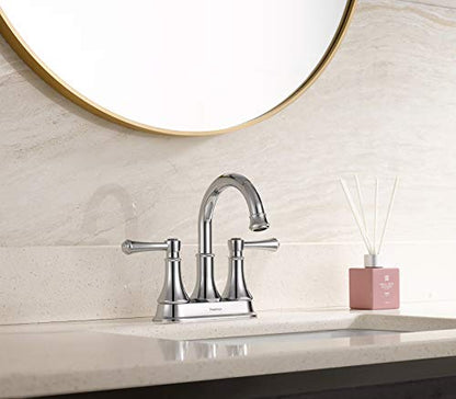 TimeArrow Chrome 4 Inch Two Handle Centerset Bathroom Sink Faucet 3 Holes with Pop up Drain, High Arc Modern Bathroom Vanity Lavatory Faucet with Brass 360° Swivel Spout, TAF067Y-CP | TimeArrow High Arc Modern 2-Handle Bathroom Faucet, Vanity Lavatory Fau