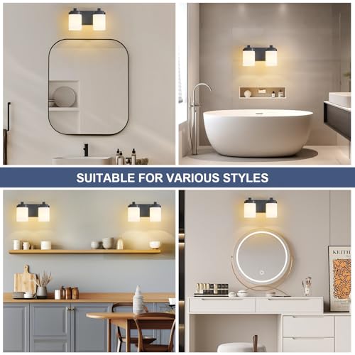 10 Inches Bathroom Vanity Light, 2-Light Black Bathroom Light Fixtures Over Mirror, Bathroom Light Shower Lamp with Milky White Square Glass Shade, Modern Farmhouse Lighting Fixtures - color: Black, size: 10 Inch : 2-lights