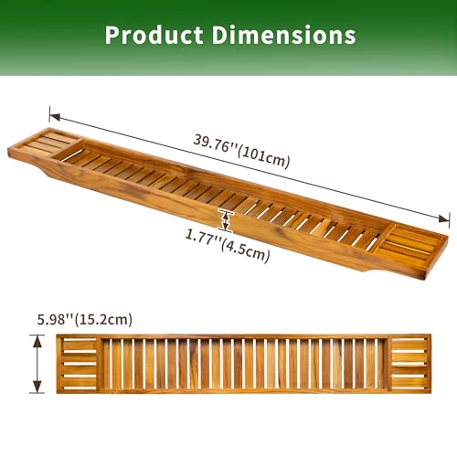 VaeFae Teak Bathtub Tray, Wooden Bath Caddy for Bathtub, Bath Tub Wood Table for Tub, 39.8" x 6" x 1.8" - size: 39.8" x 6" x 1.8"