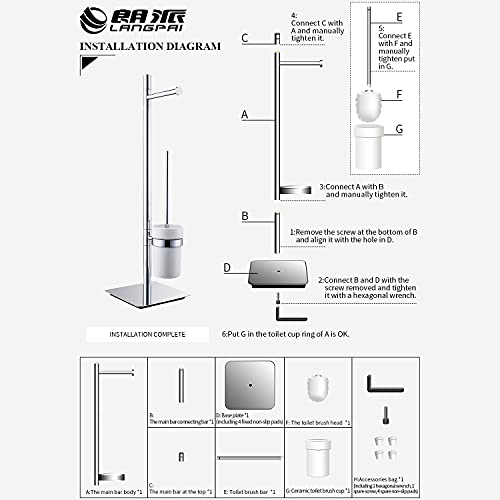 Freestanding Toilet Brush and Paper Holder Set Superior Hotel Luxury Style Join Roll Paper and Toilet Brush Non-Skid Sturdy Floor Stand Brass Chrome with White Ceramic Cup - color: Brass Toilet Brush and Roll Paper Holder Set