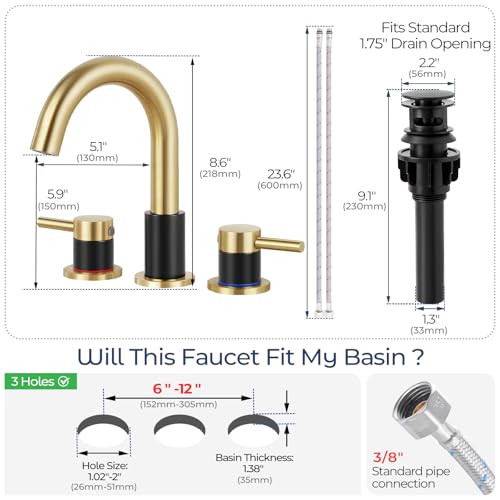 Black and Gold Bathroom Faucet 3 Hole, 2-Handle Widespread Faucet | Lead-free stainless steel, pop-up drain, Detachable faucet aerator, 360°swivel, for RV & vanity sink 3-hole mount - color: 1-Brushed Gold & Black, style: 8 Inch Widespread