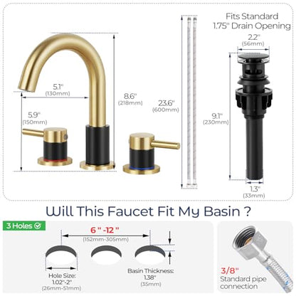Black and Gold Bathroom Faucet 3 Hole, 2-Handle Widespread Faucet | Lead-free stainless steel, pop-up drain, Detachable faucet aerator, 360°swivel, for RV & vanity sink 3-hole mount - color: 1-Brushed Gold & Black, style: 8 Inch Widespread