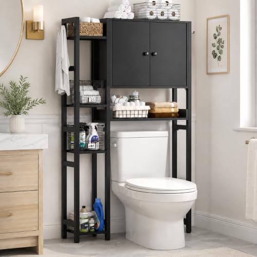 Cyclysio Over The Toilet Storage Cabinet with Doors, 7-Tier Bathroom Organizer Over Toilet with Reversible Side Shelf, Adjustable Shelves & 4 Hooks, Freestanding Toilet Shelf Space Saver for Laundry - color: Black