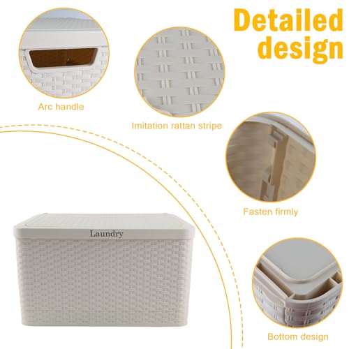 Laundry Hamper with Lid, Plastic Laundry Baskets, Dirty Clothes Hamper, Hampers for Bedroom and Bathroom, Large Capacity Clothing Storage Bin for Closet Organization, Space Saving Design