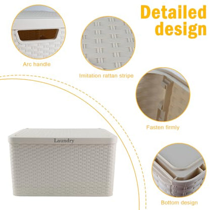Laundry Hamper with Lid, Plastic Laundry Baskets, Dirty Clothes Hamper, Hampers for Bedroom and Bathroom, Large Capacity Clothing Storage Bin for Closet Organization, Space Saving Design