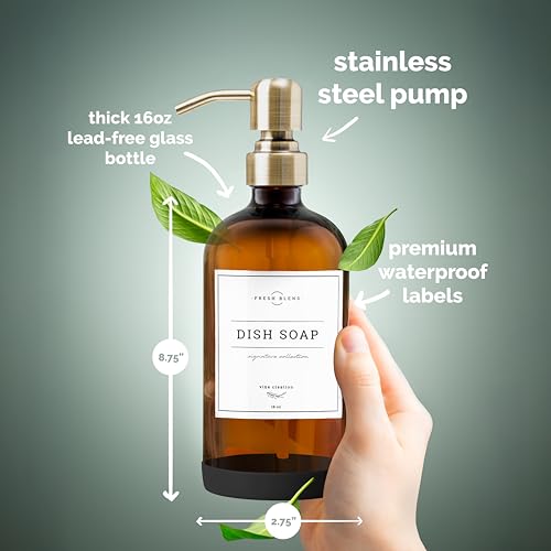 Vine Creations Amber Glass Soap Dispenser, 2 Pack Kitchen Soap Dispenser Set with Stainless Steel Pump, 16 oz Dish Soap and Hand Soap Dispensers for Bathroom with Waterproof Labels and Protective Pads - color: Amber Bottle / Brushed Brass Pump