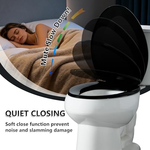 Angol Shiold PP Slow Close Toilet Seat (Elongated, Black) | Elongated toilet seat with ergonomic design, grip-tight anti-slip bumpers and easy-clean safe PP material - color: Black, size: Elongated 18.5‘’