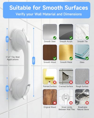 2 Pack Shower Grab Bar for Shower and Bathtubs, No Drilling, White | Suction Shower Handle for Elderly, Suction Cup Removable Handrails Safety Grip, Heavy Duty, 12 inch - color: White