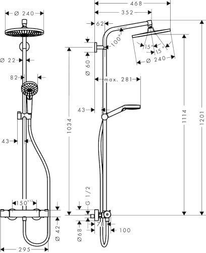 Hansgrohe Crometta S - Thermostat Shower System With Rainfall Head (⌀ 240 mm), Hand Shower (1 Spray), Hose, Rail and Round Head (1 Spray), Chrome, 27268000 - size: with thermostat, style: 1 spray mode + EcoSmart water saving