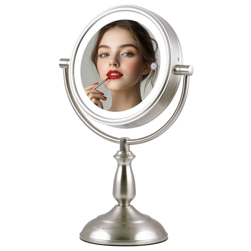OVENTE 8" Lighted Tabletop Makeup Mirror, Nickel Brushed MPT751BR1X10X | Double Sided Table Mount Vanity Mirror with 1X/10X Magnification, 360° Rotation, 3-Tone Smart Touch LED Lights, Auto Shutoff - color: Nickel Brushed, size: 14.1"L x 9.5"W