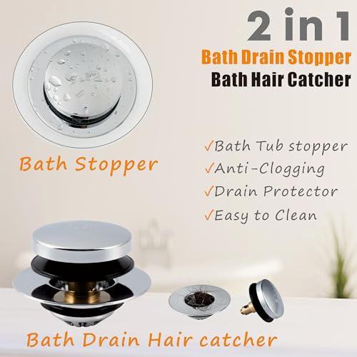Tub Drain, 2 in 1 Pop-up Bathtub Plug with Hair Catcher | Easy Installation Bath Drain Stopper with Strainer, Chrome Plated - color: Chrome Plated