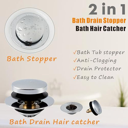 Tub Drain, 2 in 1 Pop-up Bathtub Plug with Hair Catcher | Easy Installation Bath Drain Stopper with Strainer, Chrome Plated - color: Chrome Plated