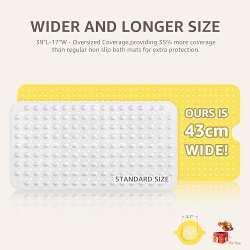 OTHWAY Bath Mat for Tub Non Slip: 39" X 17" Long Bathtub Mat with Hair Catcher│Big Drain Holes Shower Mats for Inside Shower│Machine Washable (Yellow) - color: Yellow