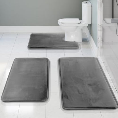 Clara Clark 3 Piece Bathroom Rugs, Velvet Memory Foam Bath Mat Set, Non-Slip Bath Rugs, Machine Wash, Dries Quickly, Ultra Soft Plush Bath Mats for Bathroom, 17 x 24/20 x 32 / Contour, Grey - color: Grey