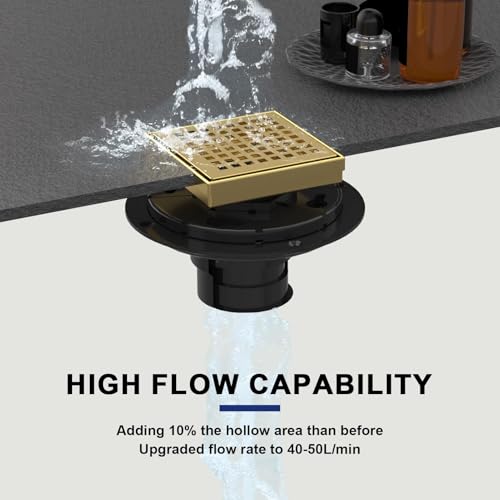 4 Inch Brushed Gold Square Shower Drain with Removable Grate | AISI 304 Stainless Steel Shower Drain, Shower Floor Drain with Hair Catcher & ABS Flange, Fits Bathroom & Balcony etc - color: Brushed Gold, size: 4 in