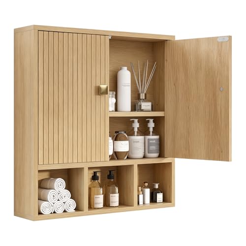 Bathroom Wall Cabinet,Wooden Medicine Cabinet with Fluted Doors Over The Toilet Storage Cabinet with Adjustable Shelf for Bathroom (Wood) - color: Wood Block
