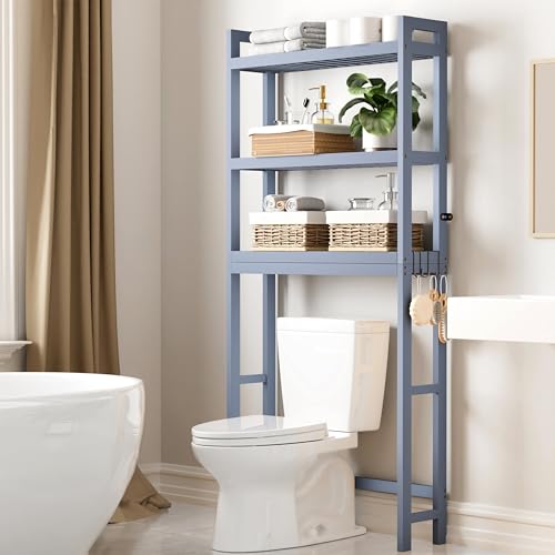 Smiry Over The Toilet Storage Cabinet, 3-Tier Bamboo Bathroom Organizers with Adjustable Shelf & 4 Hooks, Space Saving Shelf Rack for Bathrooms, Laundry Room, Balcony, Grey - color: Grey, size: 3 Tiers (66.9"H)