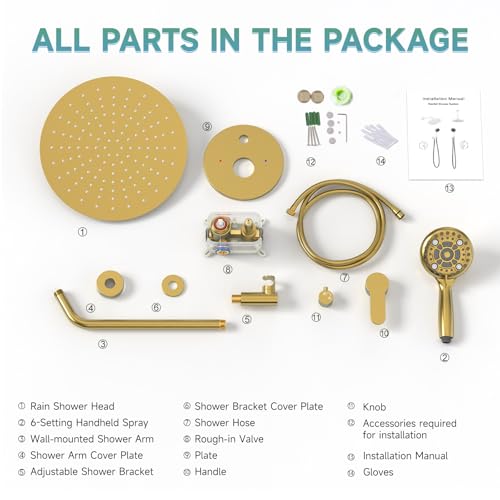 SR SUN RISE Shower Faucet - Multifunctional High Pressure Shower Head System with Handheld Shower Head Fixtures - Valve Included (Brushed Gold, 12 inch) - color: Brushed Gold, size: 12 Inch