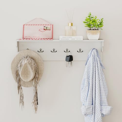 GIANTEX Coat Rack Wall Mount, 31.5" Wooden Coat Hooks with Shelf, White | Wall Clothes Rack w/ 6 Dual Hooks for Hats Towels Purses Robes, Floating Display Shelf for Living Room Bedroom Entryway - color: White